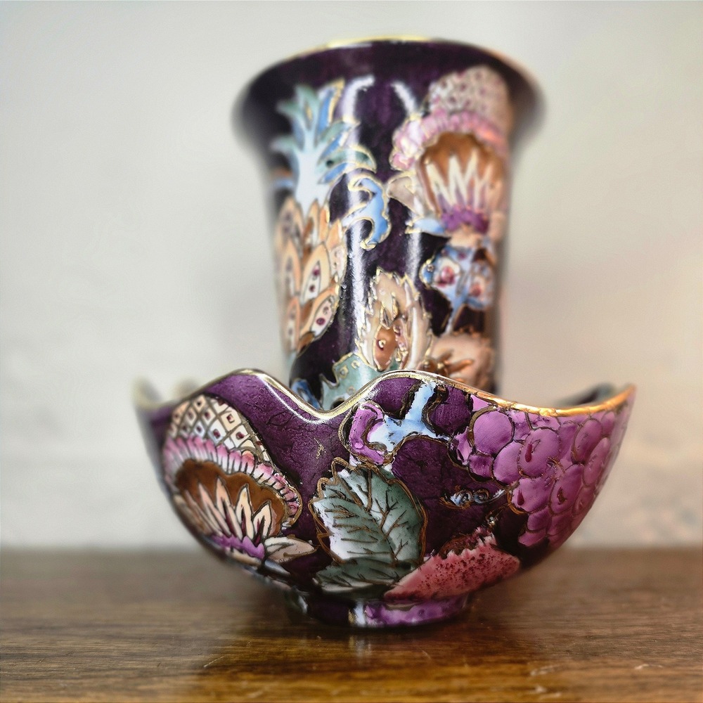Vintage TOYO Hand Painted Porcelain Vase and Bowl‎ Set Floral Grape Gold Trim